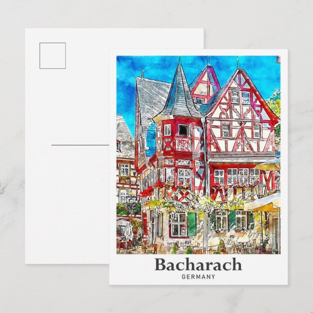 Carte Postale Bacharach Allemagne Voyage Aquarelle Dessinée à la (Devant / Derrière)