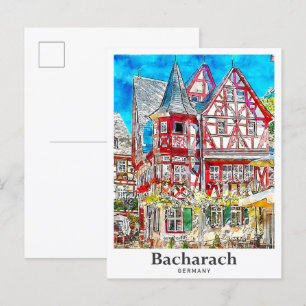 Carte Postale Bacharach Allemagne Voyage Aquarelle main tirée