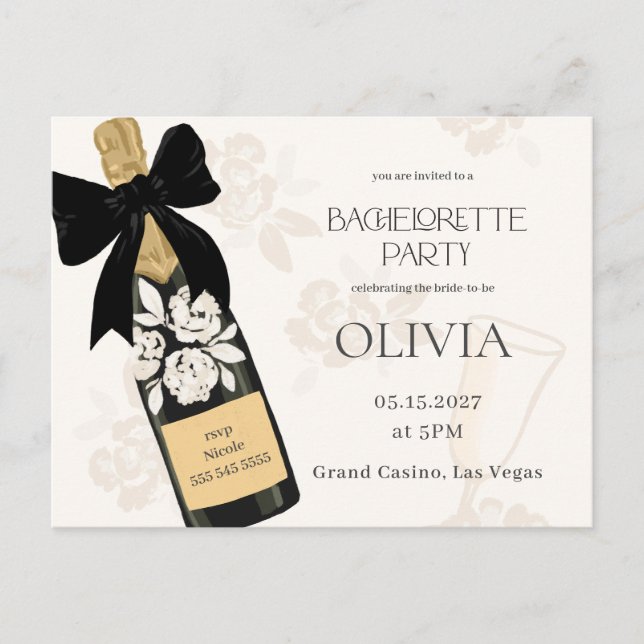 Carte Postale Bachelorette fête Bubbly Vin bouteille Black Bow (Devant)