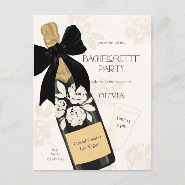 Carte Postale Bachelorette fête Sparkling Vin Bouteille Noir (Devant)