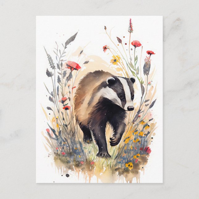 Carte Postale Badger d'aquarelle traversant une prairie de fleur (Devant)