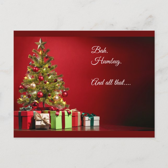 Carte Postale "Bah. Humbug. Et tout ça..." arbre avec cadeaux (Devant)