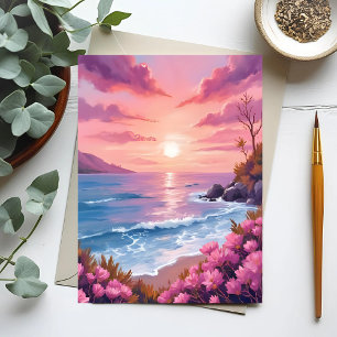 Carte Postale Baie de Blush Beach   Aquarelle rose de coucher de
