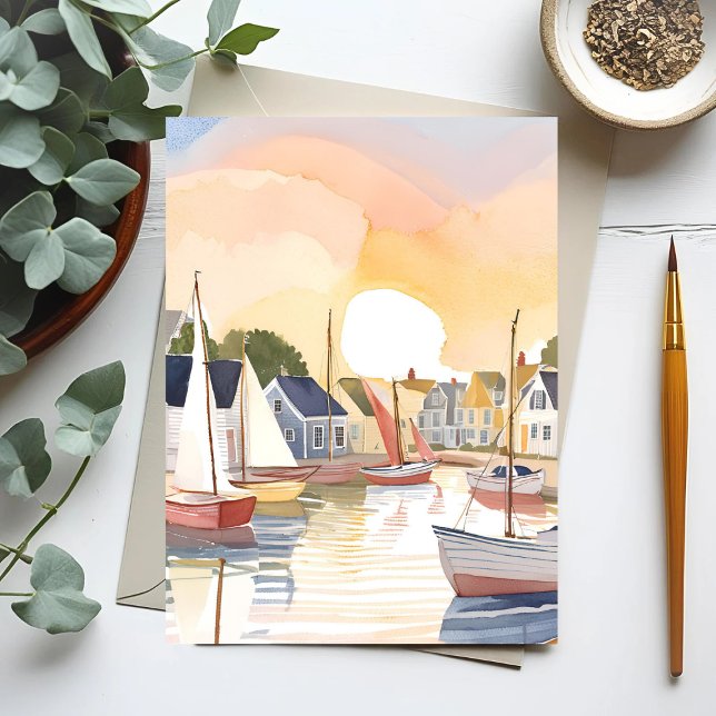 Carte Postale Baie des bateaux | Peinture d'aquarelle de l'océan (Créateur téléchargé)