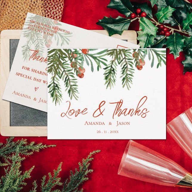 Carte Postale Baies Rouges Mariage de Fêtes de Noël Merci (Red Berries Christmas Festive Wedding Thank You Postcard)