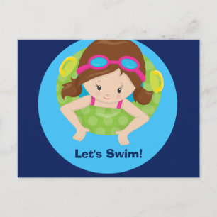 Carte Postale Baignade Filles Anniversaire Piscine Fête Brunette