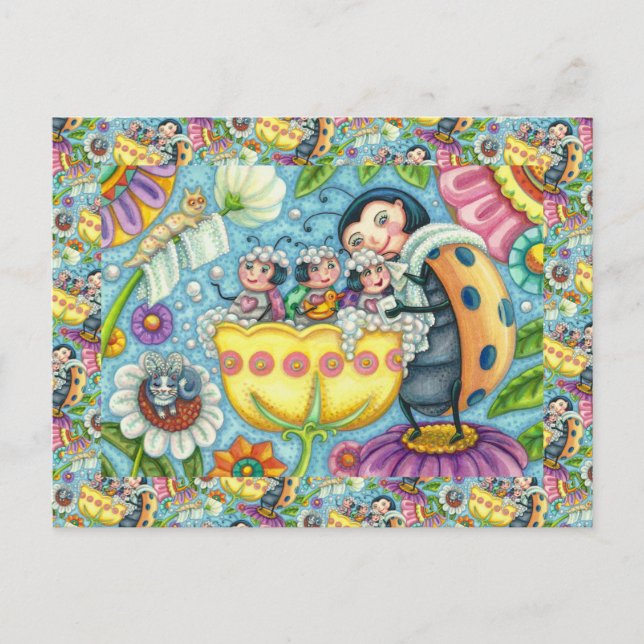 CARTE POSTALE BAIN À BULLE TULIP POUR MÈRE LADYBUG & ENFANTS (Devant)