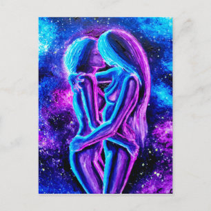Carte Postale Baiser lesbien en bleu et violet