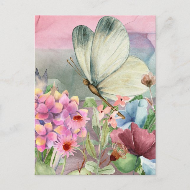 Carte Postale Baisers aux papillons colorés entre Fleurs sauvage (Devant)