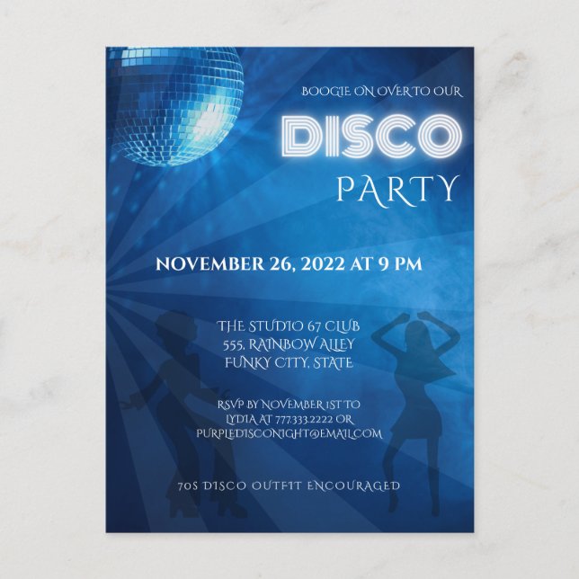Carte Postale Bal de la soirée cool Blue Disco (Devant)