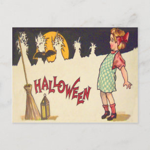 Carte Postale Balai de chauve-souris Lanterne Lune Fille du maïs