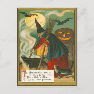 Carte Postale Balai de sorcière Chaudron Citrouille chauve-souri