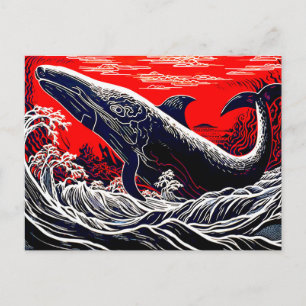 Carte Postale Baleine à bec rouge et noir Linocut Sperm