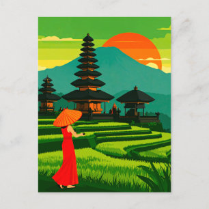 Carte Postale Bali Indonésie Coucher de soleil Temple et Rizière