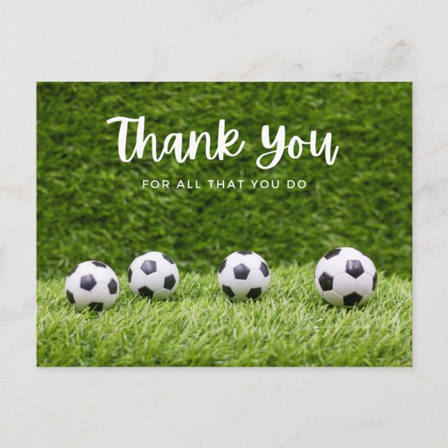 Carte Postale Balle de foot merci avec ballon sur herbe verte  (Devant)