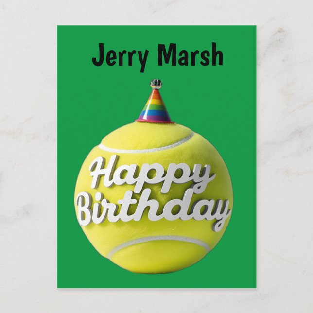Carte Postale Balle de tennis avec chapeau d'anniversaire joyeux (Devant)