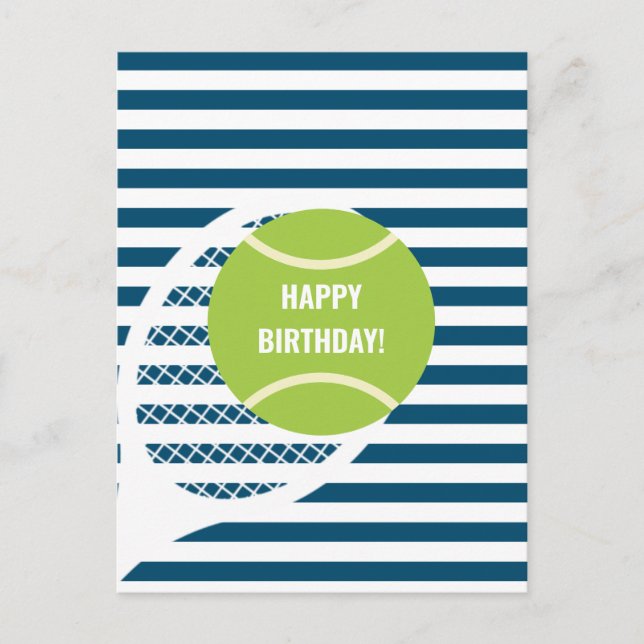Carte Postale Balle de Tennis Vert moderne rayé Anniversaire (Devant)