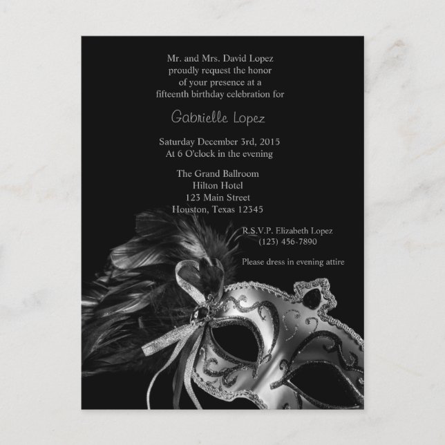 Carte Postale Balle en argent Masquerade Quinceanera 15e anniver (Devant)