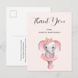 Carte Postale Ballerina Eléphant Cute Rose & Merci Gris