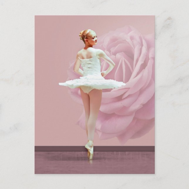 Carte Postale Ballerina en blanc avec Rose rose (Devant)