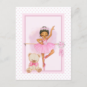 Carte Postale Ballerina fille & tétine ours pois rose