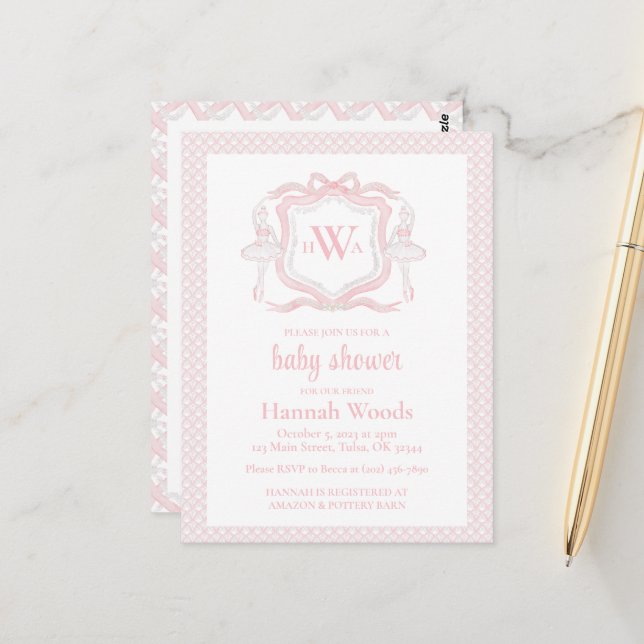 Carte Postale Ballerina Monogram Grandmillennial Baby shower (Devant/Arrière en situation)