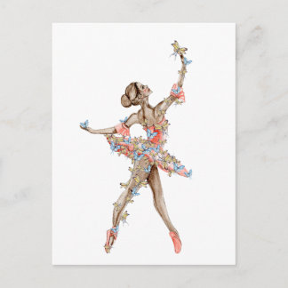 Carte Postale Ballerine dansante à l'aquarelle avec papillon 