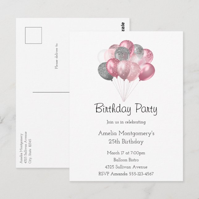 Carte Postale Ballon scintillant en bouquet rose et argent Anniv (Devant / Derrière)