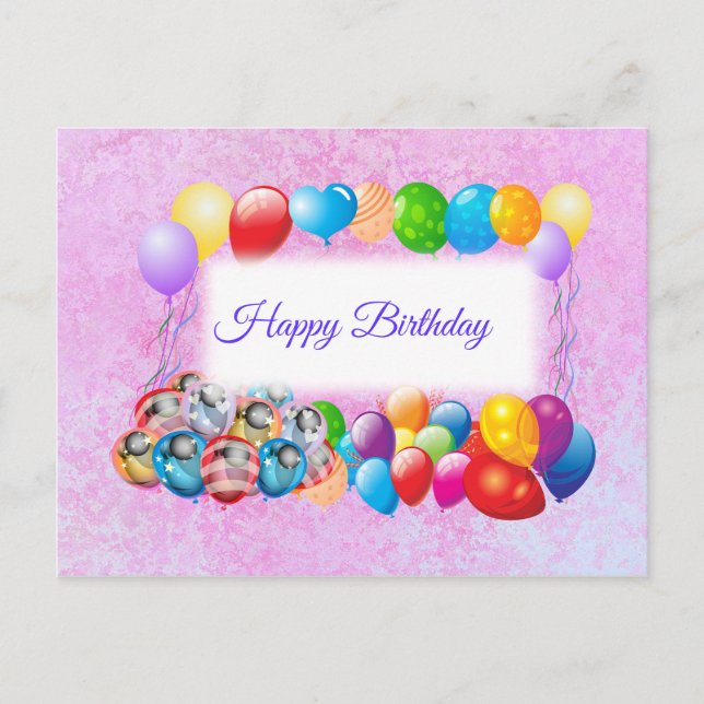 Carte Postale Ballons colorés, Anniversaire Rose (Devant)