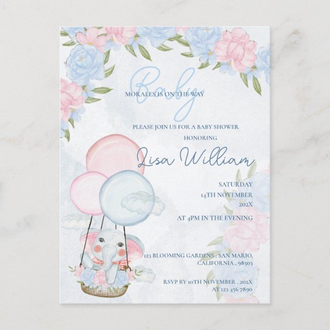 Carte Postale Ballons d'éléphant mignons Baby shower floral rose (Devant)