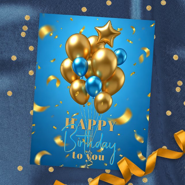 Carte Postale Ballons dorés et bleus et Anniversaire avec Confet (Créateur téléchargé)
