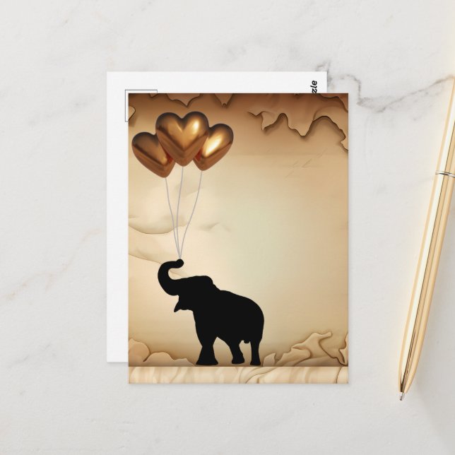 Carte Postale Ballons éléphants et en forme de coeur Saint Valen (Devant/Arrière en situation)