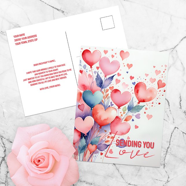 Carte Postale Ballons en forme de cœur à l'aquarelle avec écritu (Créateur téléchargé)