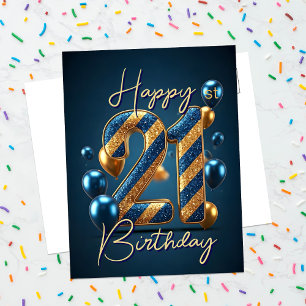 Carte Postale Ballons et rayures bleus et or 21e anniversaire