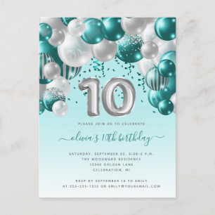 Carte Postale Balloon Arch Turquoise Argent 10e anniversaire fêt