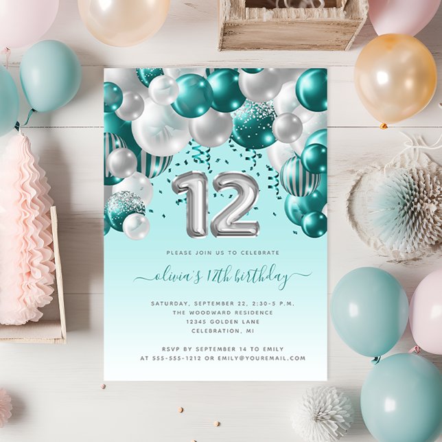Carte Postale Balloon Arch Turquoise Argent 12e fête d'anniversa (Créateur téléchargé)