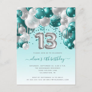 Carte Postale Balloon Arch Turquoise Argent 13ème anniversaire f