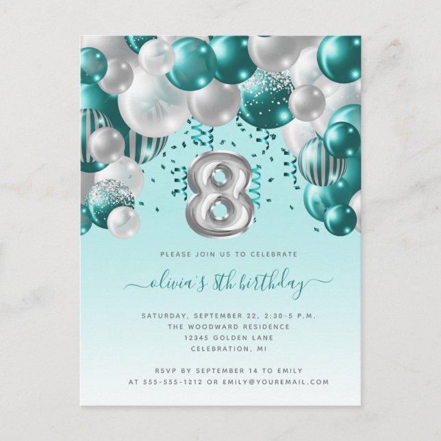 Carte Postale Balloon Arch Turquoise Argent 8e anniversaire (Devant)