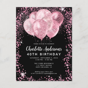Carte Postale Balloon moderne noir bleu rose Parties scintillant