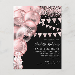 Carte Postale Balloon Rose noir Parties scintillant or n'importe