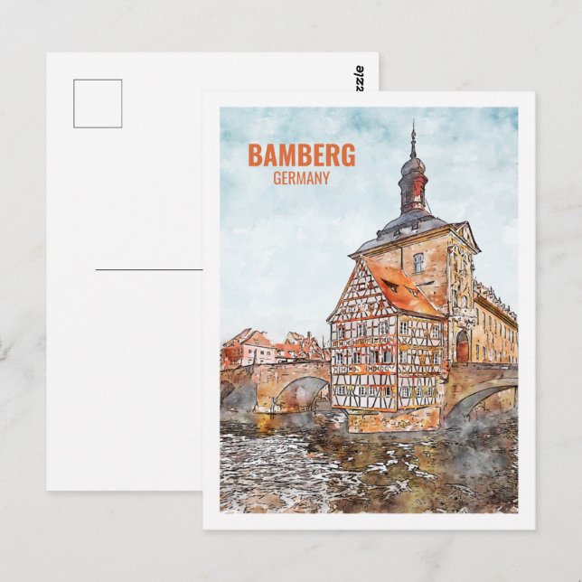 Carte Postale Bamberg Allemagne célèbre Travel Place aquarelle (Devant / Derrière)