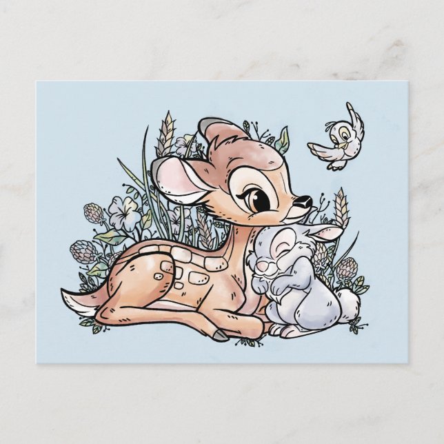 Carte Postale Bambi & Thumper Assis Dans Les Fleurs (Devant)