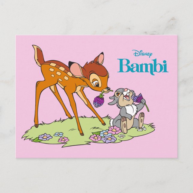 Carte Postale Bambi & Thumper Manger Fleurs de trèfle (Devant)