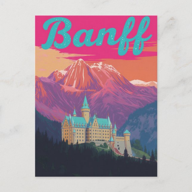 Carte Postale Banff Castle Mountains Retro Art (Devant)