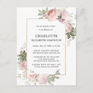 Carte Postale Baptême à l'aquarelle Fleurs rose fardé