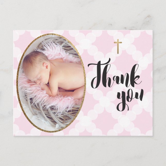 Carte Postale Baptême de fille rose et blanche Merci Baptême (Devant)