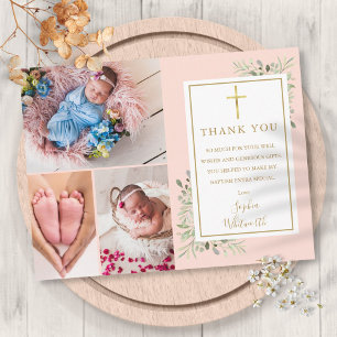 Carte Postale Baptême vert rose pâle 3 Merci photo
