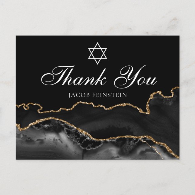 Carte Postale Bar Mitzvah Merci Black Gold Star de David (Devant)