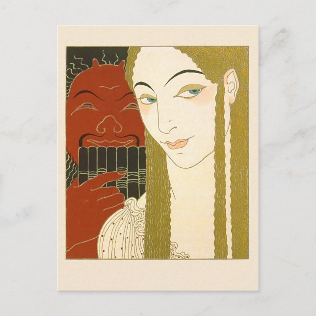 Carte Postale Barbier Art Déco Illustration Femme et Diable (Devant)