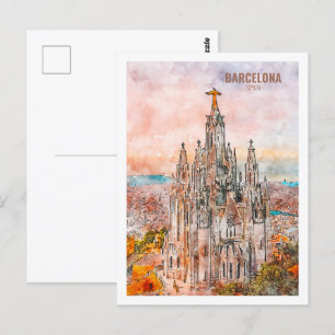 Carte Postale Barcelone Espagne célèbre Voyage aquarelle croquis